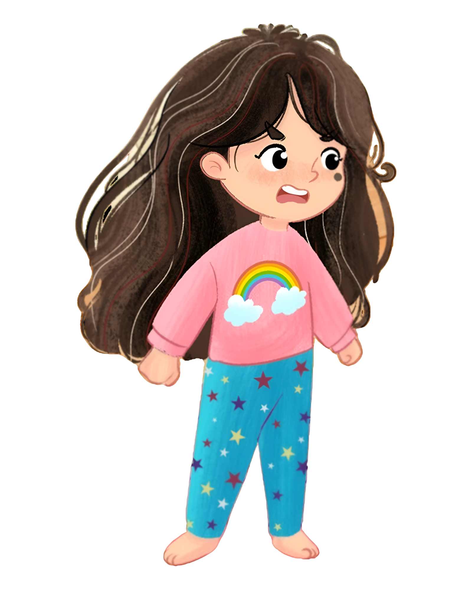 Tehmina looking cross in her pink rainbow pajamas