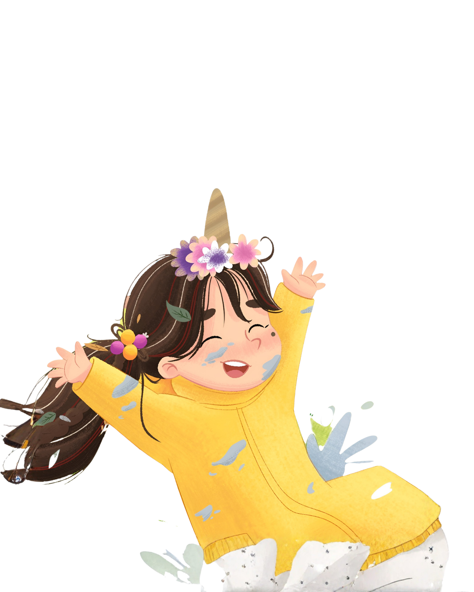 Tehmina throwing her arms up joyfully in her muddy yellow raincoat